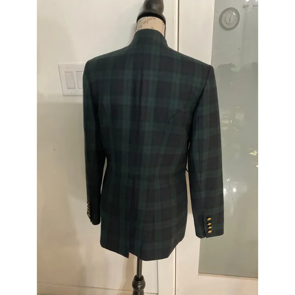 Vtg Talbots Women’s Wool Navy Green Tartan gold buttons military-style blazer 6 - Picture 7 of 16